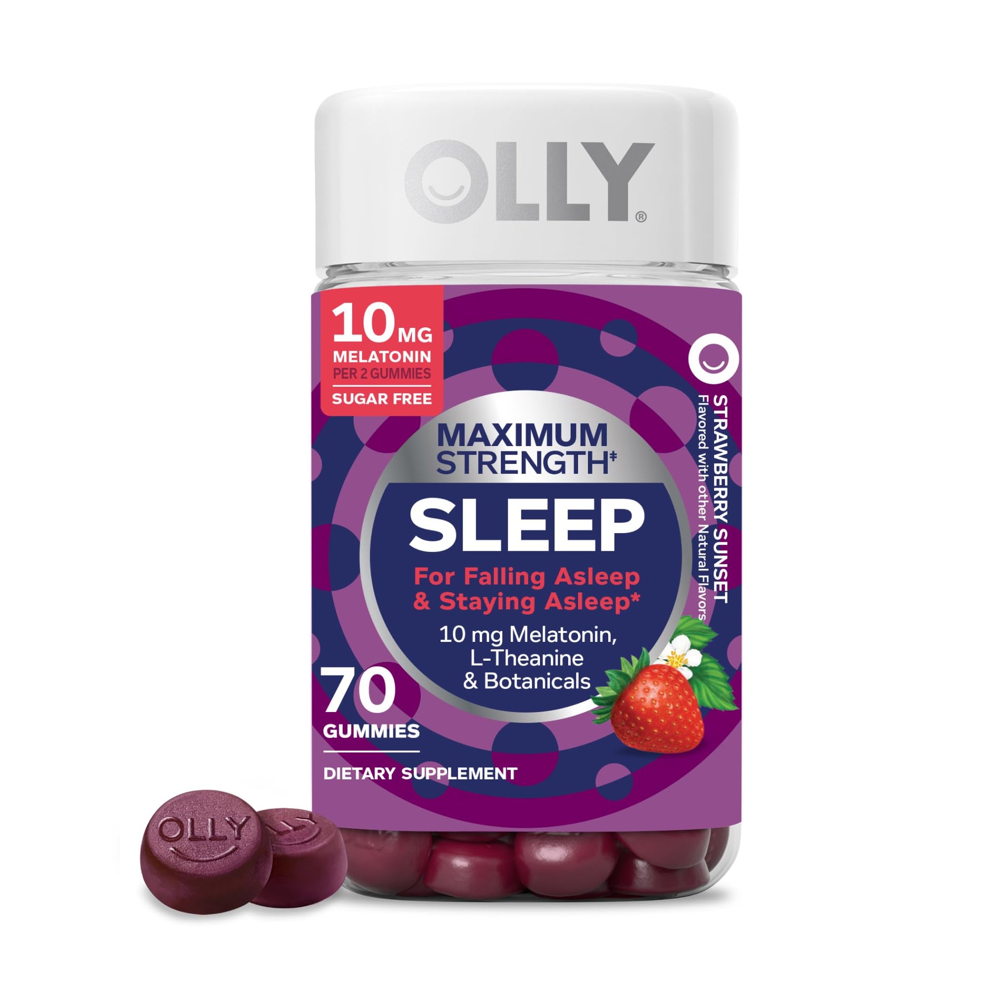 OLLY Max Strength Sleep Gummy, 10mg Melatonin, L-Theanine, Chamomile, Lemon Balm, Sugar Free, Vegetarian Sleep Aid, Strawberry - 70 Count - PrimeBioHealth - canada supplements