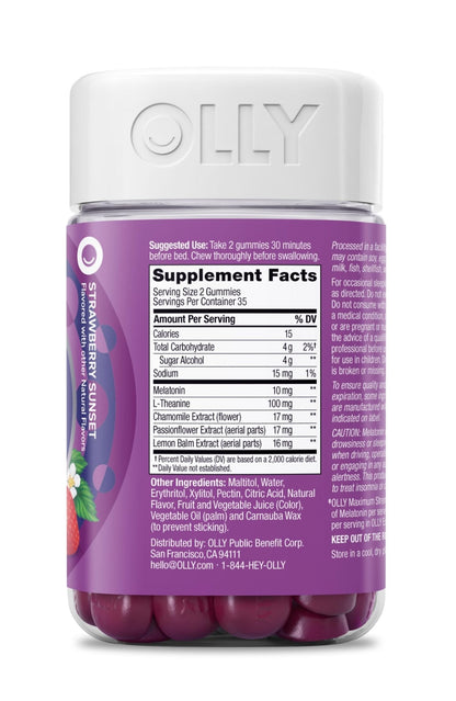 OLLY Max Strength Sleep Gummy, 10mg Melatonin, L-Theanine, Chamomile, Lemon Balm, Sugar Free, Vegetarian Sleep Aid, Strawberry - 70 Count - PrimeBioHealth - canada supplements