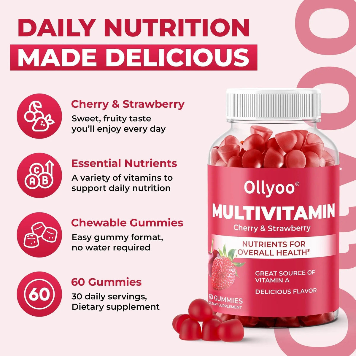 Ollyoo Multivitamin Gummies for Adults | Cherry & Strawberry Flavor | Great Source of Vitamin A & Essential Nutrients | - PrimeBioHealth - canada supplements