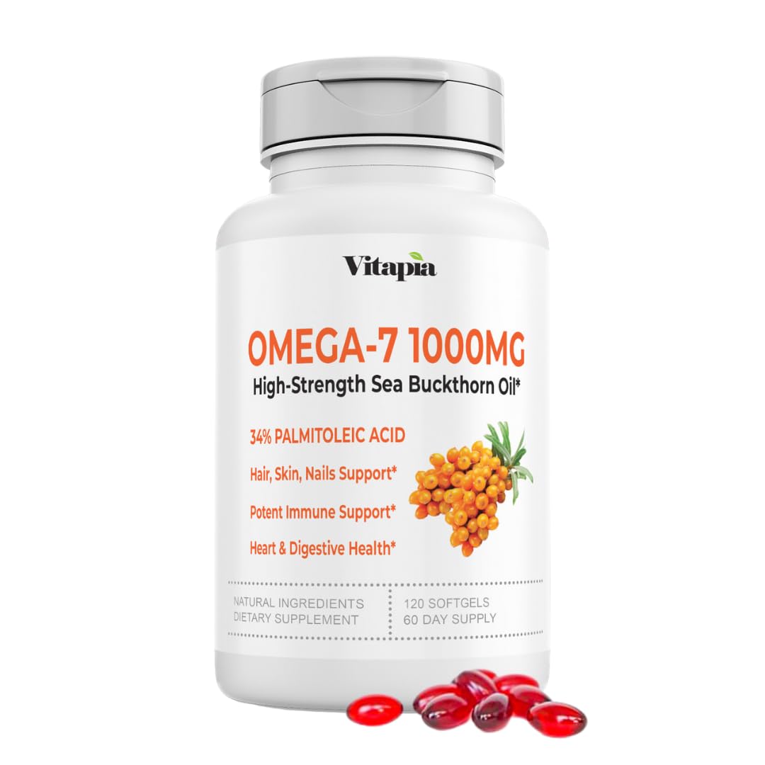 Omega 7 Sea Buckthorn Berry Oil 1000mg for Hair, Skin, Nails, Heart Health Support - 34% Palmitoleic Acid & Natural Omega 3 6 9 Fatty Acids Supplement - 120 Capsules, Non-GMO, Gluten-Free - PrimeBioHealth - canada supplements