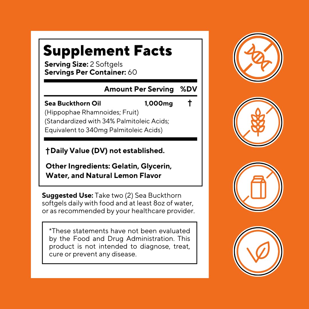 Omega 7 Sea Buckthorn Berry Oil 1000mg for Hair, Skin, Nails, Heart Health Support - 34% Palmitoleic Acid & Natural Omega 3 6 9 Fatty Acids Supplement - 120 Capsules, Non-GMO, Gluten-Free - PrimeBioHealth - canada supplements