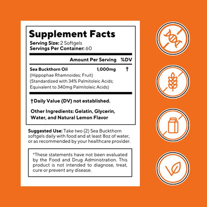 Omega 7 Sea Buckthorn Berry Oil 1000mg for Hair, Skin, Nails, Heart Health Support - 34% Palmitoleic Acid & Natural Omega 3 6 9 Fatty Acids Supplement - 120 Capsules, Non-GMO, Gluten-Free - PrimeBioHealth - canada supplements