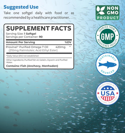 Omega 7 Supplement for Women and Men - High Potency & Purity Palmitoleic Acid Fatty Acid Fish Oil Supplement from Patented Provinal with Lowest Palmitic Acid - Sustainably Sourced (1 Month Supply) - PrimeBioHealth - canada supplements