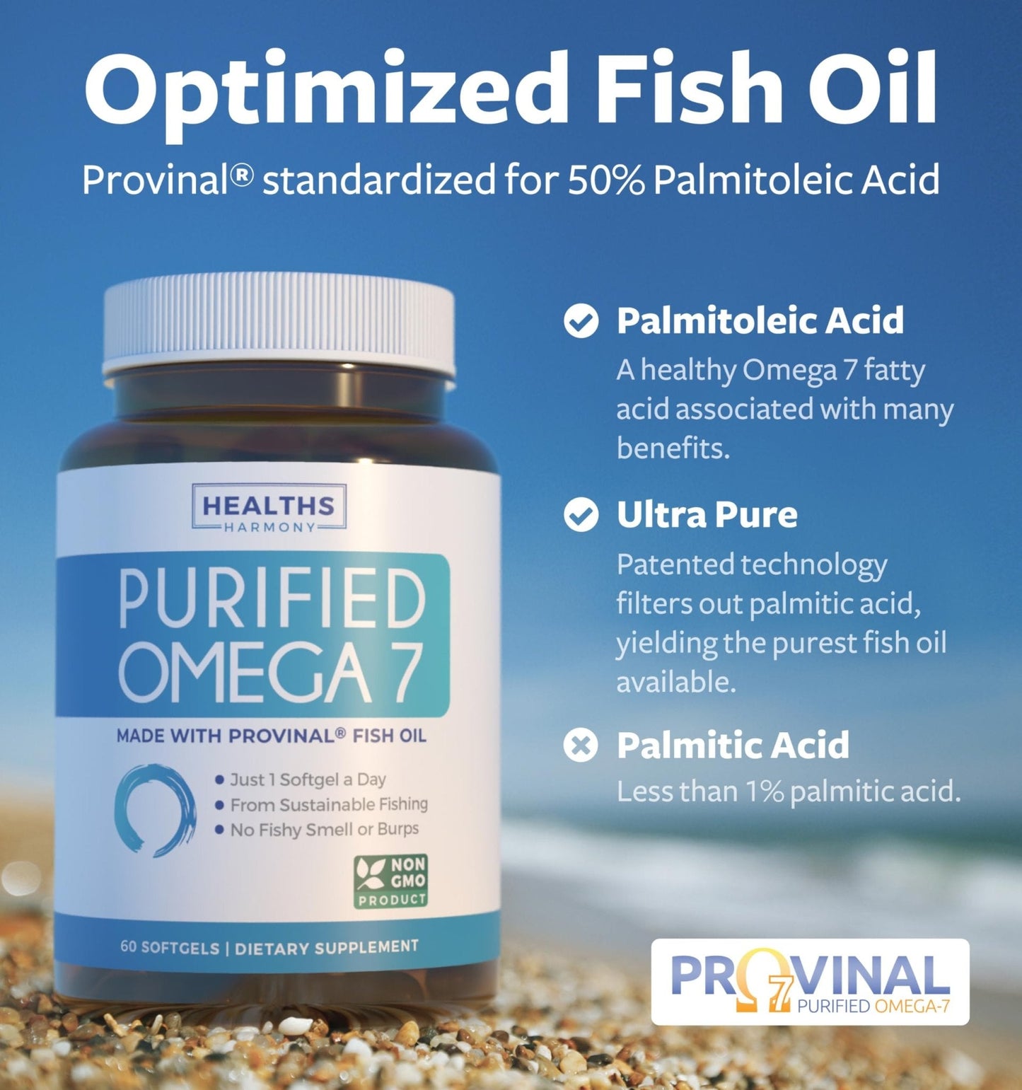 Omega 7 Supplement for Women and Men - High Potency & Purity Palmitoleic Acid Fatty Acid Fish Oil Supplement from Patented Provinal with Lowest Palmitic Acid - Sustainably Sourced (1 Month Supply) - PrimeBioHealth - canada supplements