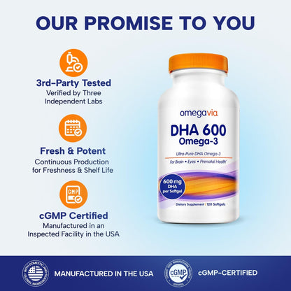 OmegaVia DHA 600 mg, Ultra Pure Omega-3 DHA Supplements for Brain and Eyes, DHA Prenatal Vitamins for Women, Burpless Fish Oil Omega 3, IFOS Tested, 120 Softgels - PrimeBioHealth - canada supplements
