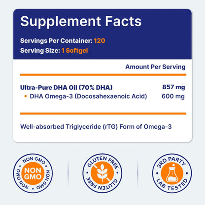 OmegaVia DHA 600 mg, Ultra Pure Omega-3 DHA Supplements for Brain and Eyes, DHA Prenatal Vitamins for Women, Burpless Fish Oil Omega 3, IFOS Tested, 120 Softgels - PrimeBioHealth - canada supplements
