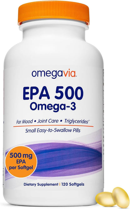 OmegaVia EPA 500, Purified Omega-3 Fish Oil Supplement, 500 mg EPA in Triglyceride Form, Burpless Fish Oil, Non-GMO, Gluten-Free, IFOS 5-Star, 120 Softgels - PrimeBioHealth - canada supplements