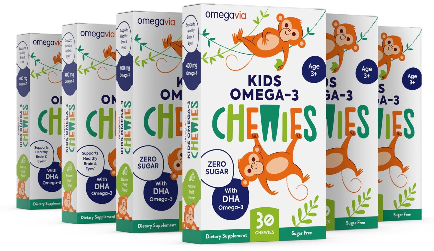 OmegaVia Omega 3 Chewies, Daily DHA Chewable Vitamins for Kids, Omega 3 for Ages 3-12 to Support Brain & Eye Health, Sugar-Free Natural Fruit Flavor, Omega 3 Fish Oil, 30 Individual Packets - PrimeBioHealth - canada supplements