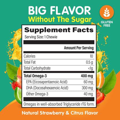 OmegaVia Omega 3 Chewies, Daily DHA Chewable Vitamins for Kids, Omega 3 for Ages 3-12 to Support Brain & Eye Health, Sugar-Free Natural Fruit Flavor, Omega 3 Fish Oil, 30 Individual Packets - PrimeBioHealth - canada supplements