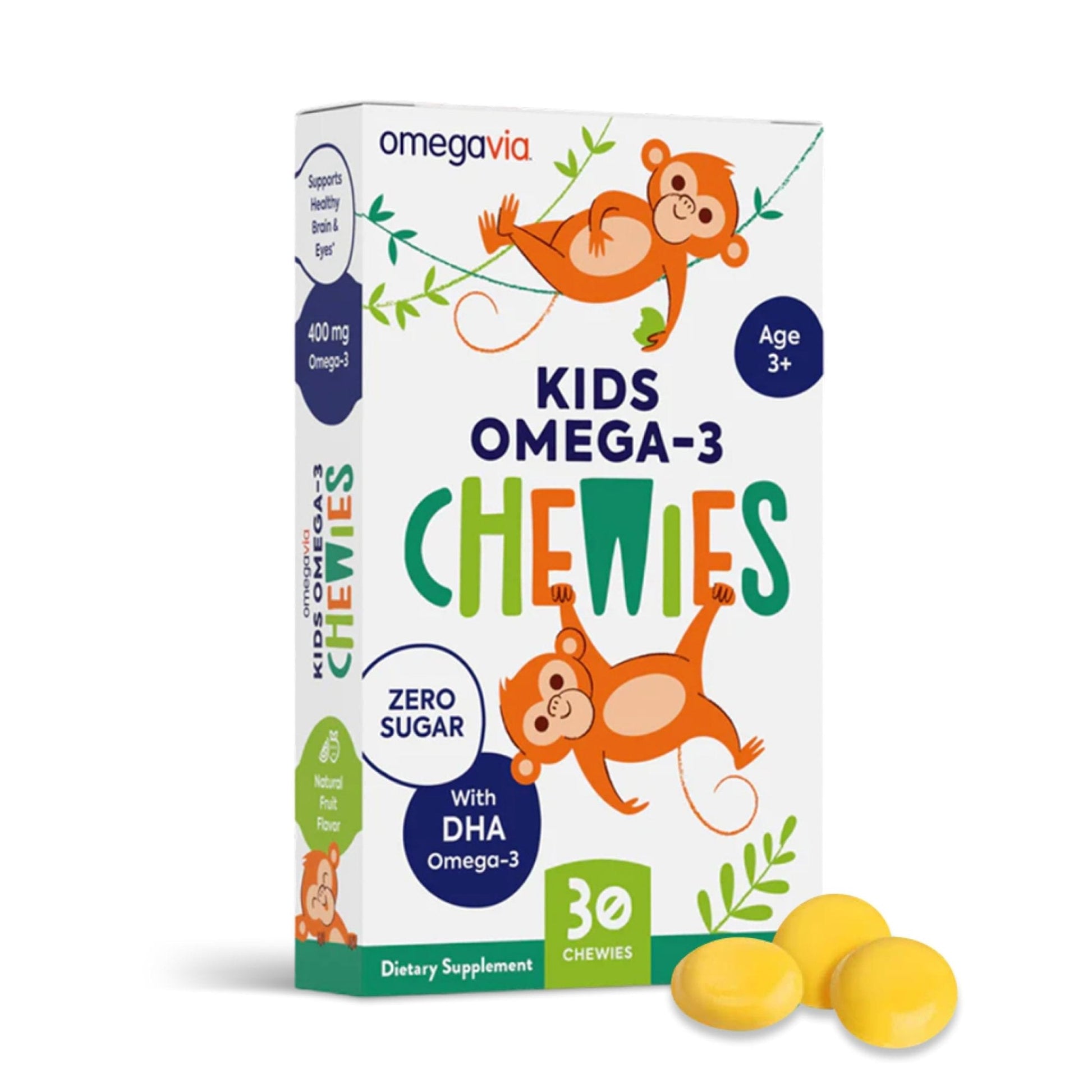 OmegaVia Omega 3 Chewies, Daily DHA Chewable Vitamins for Kids, Omega 3 for Ages 3-12 to Support Brain & Eye Health, Sugar-Free Natural Fruit Flavor, Omega 3 Fish Oil, 30 Individual Packets - PrimeBioHealth - canada supplements