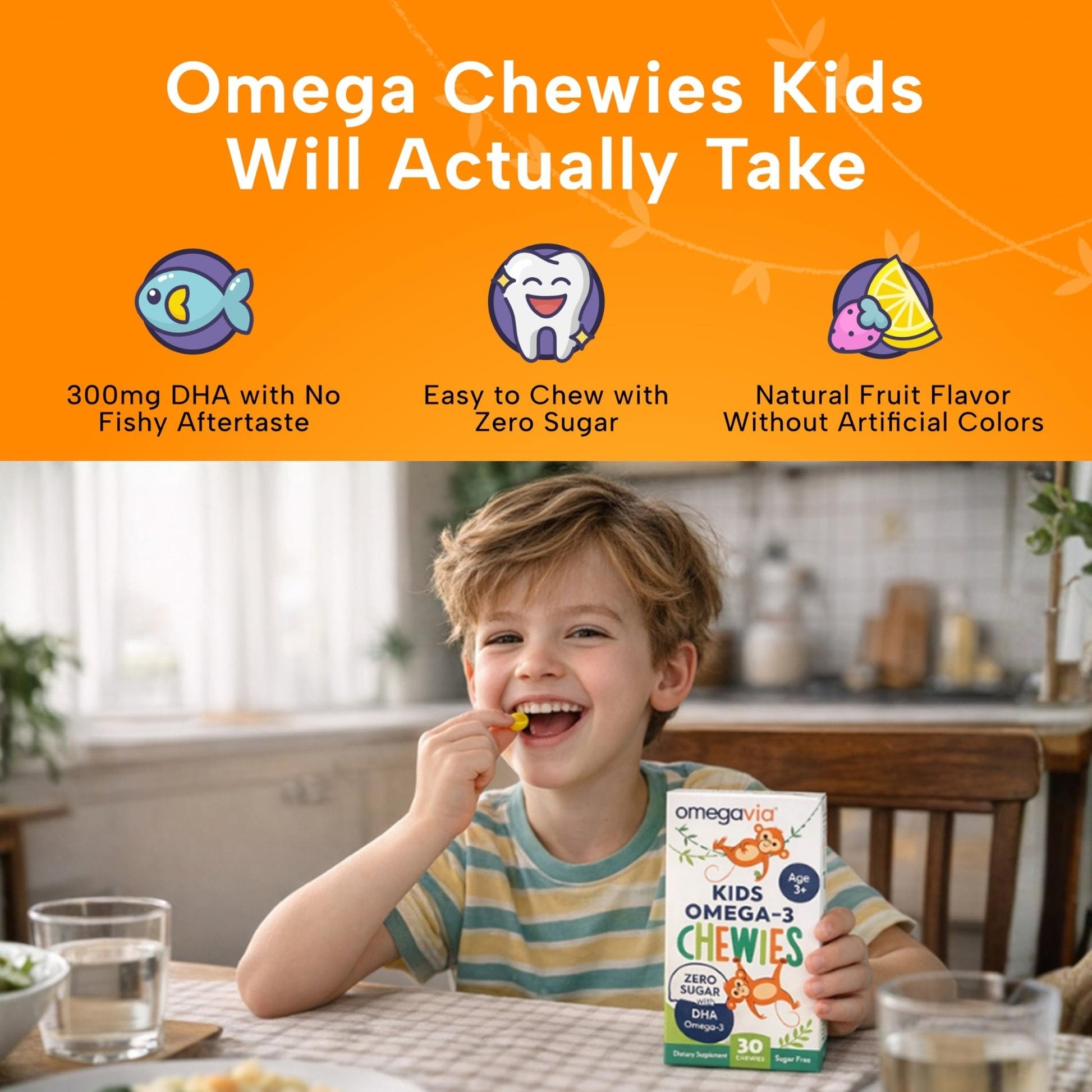OmegaVia Omega 3 Chewies, Daily DHA Chewable Vitamins for Kids, Omega 3 for Ages 3-12 to Support Brain & Eye Health, Sugar-Free Natural Fruit Flavor, Omega 3 Fish Oil, 30 Individual Packets - PrimeBioHealth - canada supplements