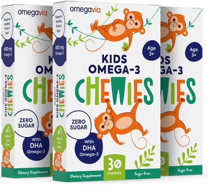 OmegaVia Omega 3 Chewies, Daily DHA Chewable Vitamins for Kids, Omega 3 for Ages 3-12 to Support Brain & Eye Health, Sugar-Free Natural Fruit Flavor, Omega 3 Fish Oil, 30 Individual Packets - PrimeBioHealth - canada supplements