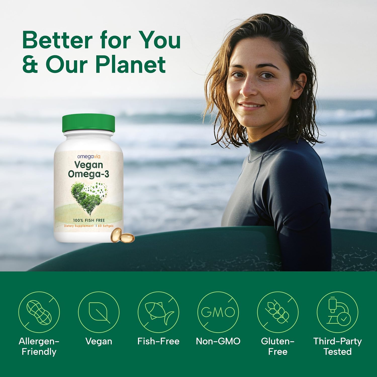 OmegaVia Vegan Omega 3 Supplement, Algae Omega 3 Fish Oil Alternative, 300mg Vegan DHA Fatty Acids, Plant Based, Planet and Ocean Friendly, IAOS 5 Star Tested, 60 Softgels - PrimeBioHealth - canada supplements