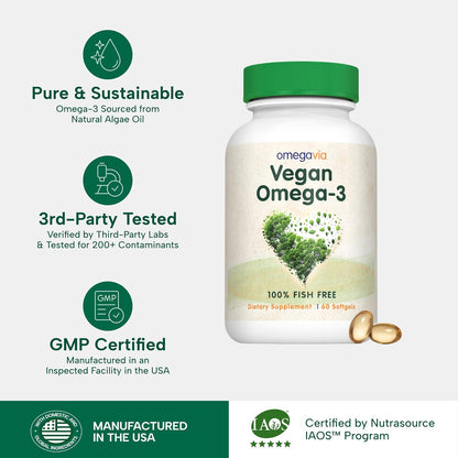 OmegaVia Vegan Omega 3 Supplement, Algae Omega 3 Fish Oil Alternative, 300mg Vegan DHA Fatty Acids, Plant Based, Planet and Ocean Friendly, IAOS 5 Star Tested, 60 Softgels - PrimeBioHealth - canada supplements