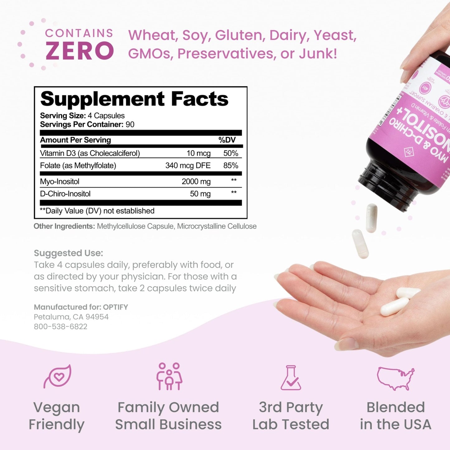 Optify Inositol Supplement for Women – 90-Day Supply – Myo-Inositol and D-Chiro Inositol with Folate and Vitamin D – 40:1 Ratio – Hormone Balance & Ovarian Support - 360 Capsules - PrimeBioHealth - canada supplements