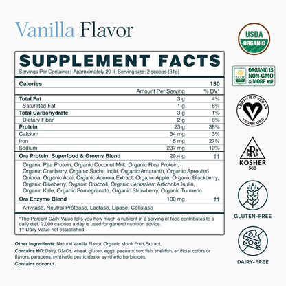 Ora Organic Plant-Based Protein Powder - 23g Protein for Women and Men - Vanilla Flavor 20 Servings, Vegan, Clean Protein - PrimeBioHealth - canada supplements