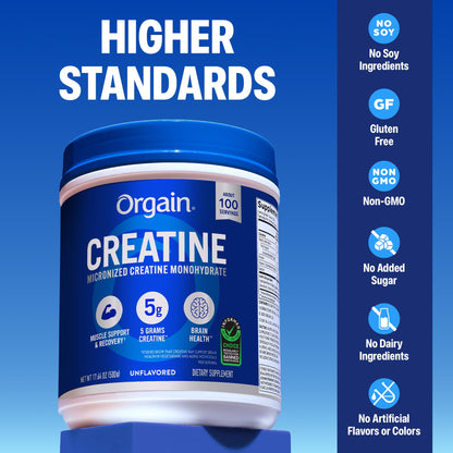Orgain Creatine Monohydrate Micronized Powder, 100 Servings, Unflavored, Supports Muscle Growth, Post Workout Recovery and Brain Health, No Artificial Additives - PrimeBioHealth - canada supplements