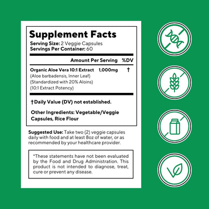 Organic Aloe Vera Capsules 20% Aloins Supplement - Pure Inner Leaf Gel Concentrate - Digestive, Gut Health, Skin, Immune Support - 120 Count - Non-GMO, Gluten-Free, Vegan - PrimeBioHealth - canada supplements