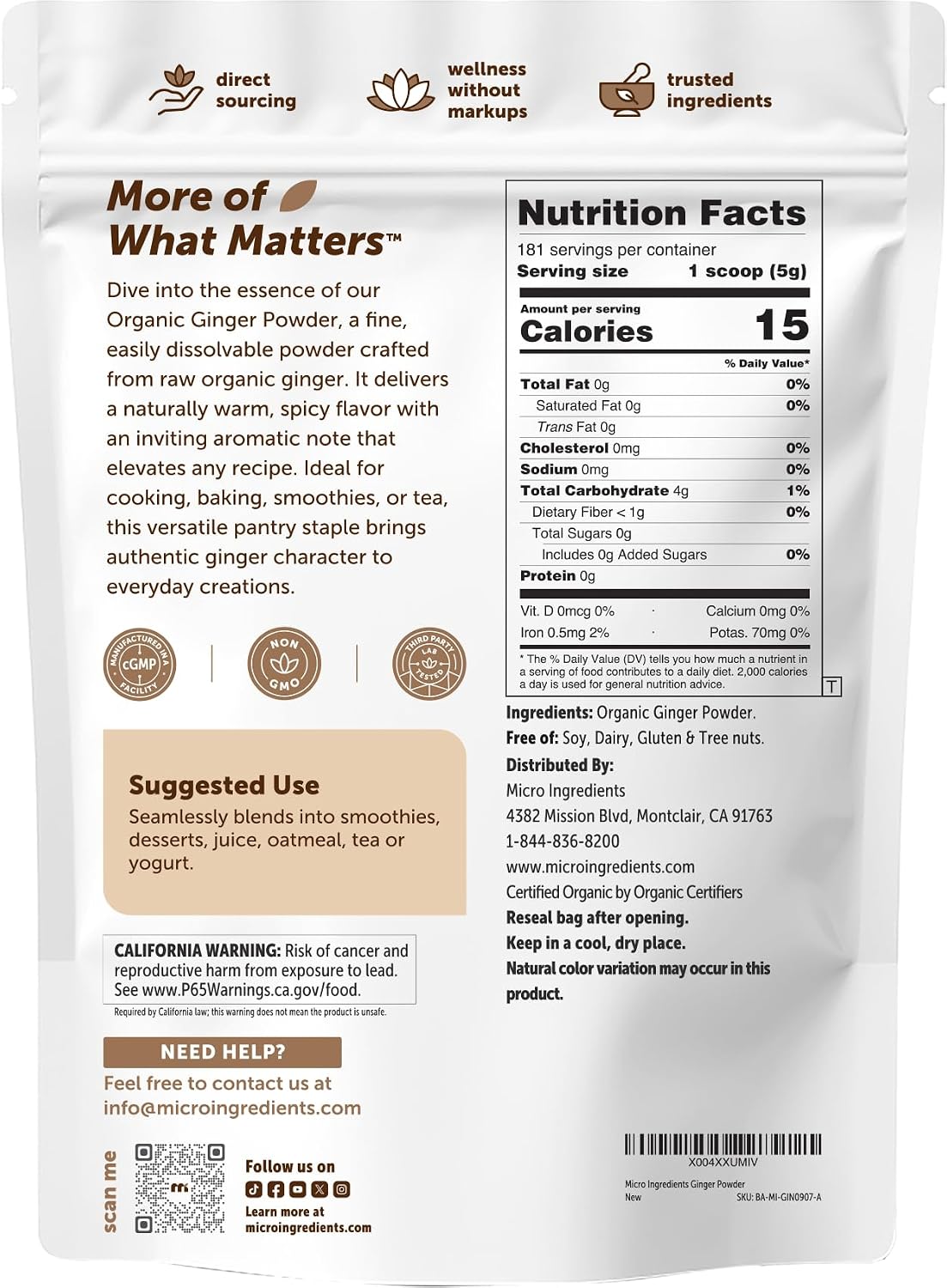 Organic Ginger powder, 2lbs (32oz) | Premium Source for Spice & Seasoning | Great for Baking, Cooking & Tea | Additive Free, Non-GMO, Bulk Supply - PrimeBioHealth - canada supplements