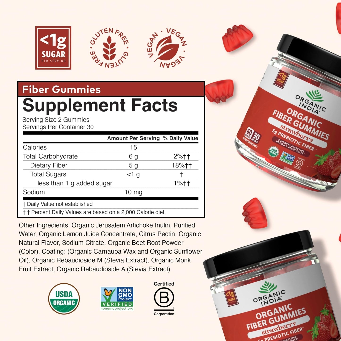ORGANIC INDIA Fiber Gummies for Adults - Prebiotic Fiber, Dietary Supplement, Digestive Health for Men & Women, Vegan, Low Sugar - PrimeBioHealth - canada supplements