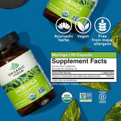 ORGANIC INDIA Moringa Herbal Supplement - Green Superfood, Nutrient Dense, Pure Plant Protein, Vitamin A, E, K, Iron, Calcium, Fiber, Vegan - PrimeBioHealth - canada supplements