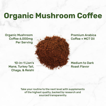 Organic Mushroom Coffee, 10oz – 10 Adaptogenic Mushrooms with Arabica Coffee + MCT Oil for Smooth Flavor – Turkey Tail, Lions Mane, Cordyceps, Chaga, Reishi – Immune, Energy,& Brain Support Supplement - PrimeBioHealth - canada supplements