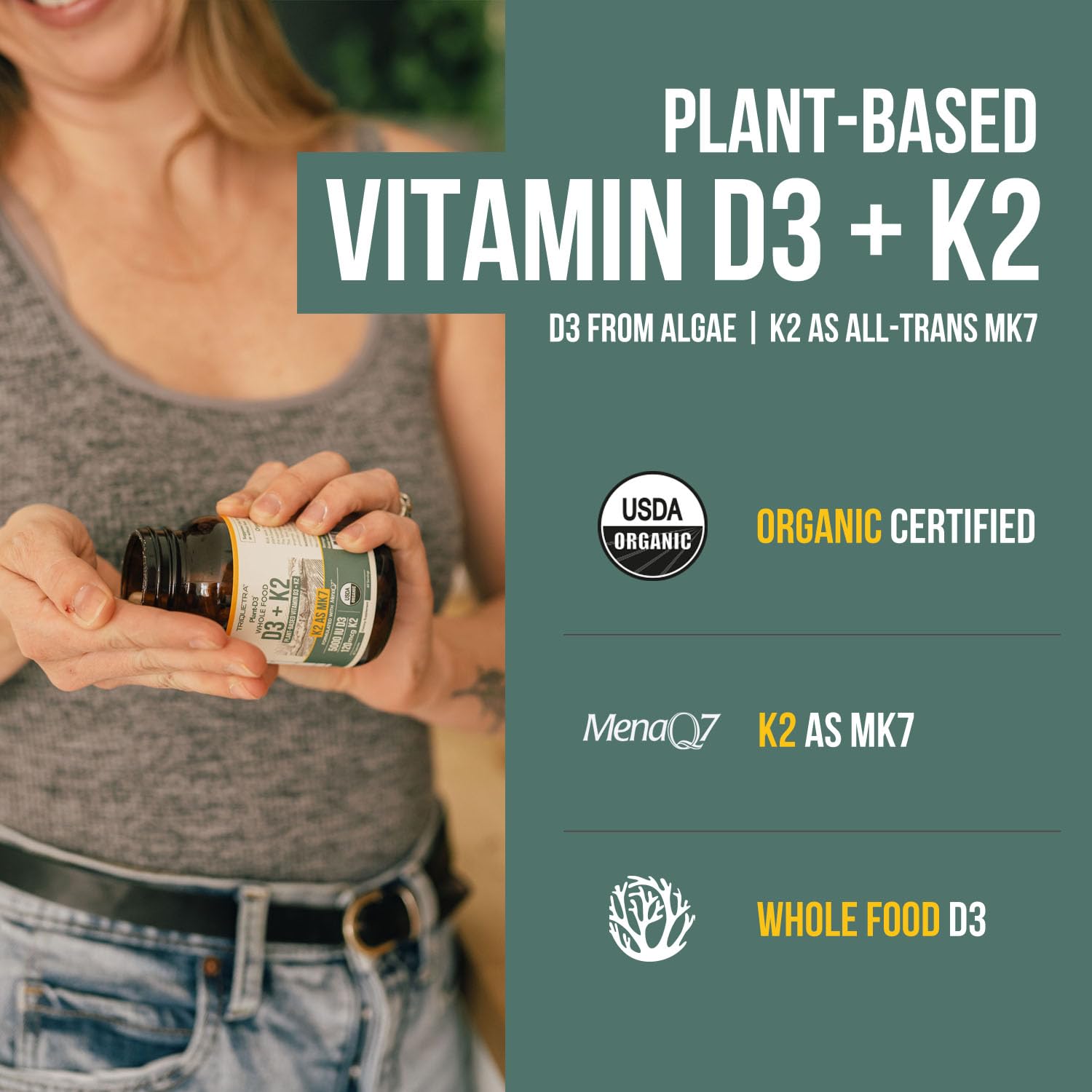 Organic Plant D3 + K2 | 5000 iu D3 + 120 mcg K2 as All-Trans MK7 from MenaQ7® - 100% Whole Food, Raw & Vegan | Enhanced Digestion with Prebiotic & Superfood Complex – D3 from Organic Algae (60 Count) - PrimeBioHealth - canada supplements