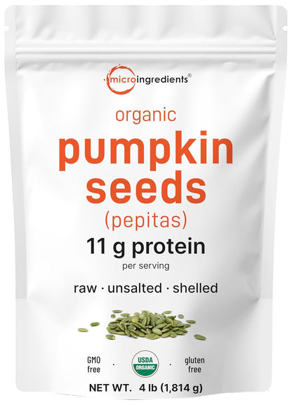 Organic Pumpkin Seeds, 4lbs | Raw, Unsalted, & Shelled – Whole Pepitas | Pumpkin Seeds to Eat | Great for Baking, Smoothies, & Salad Toppings | Natural Source of Essential Fatty Acids, Protein, & Iron - PrimeBioHealth - canada supplements