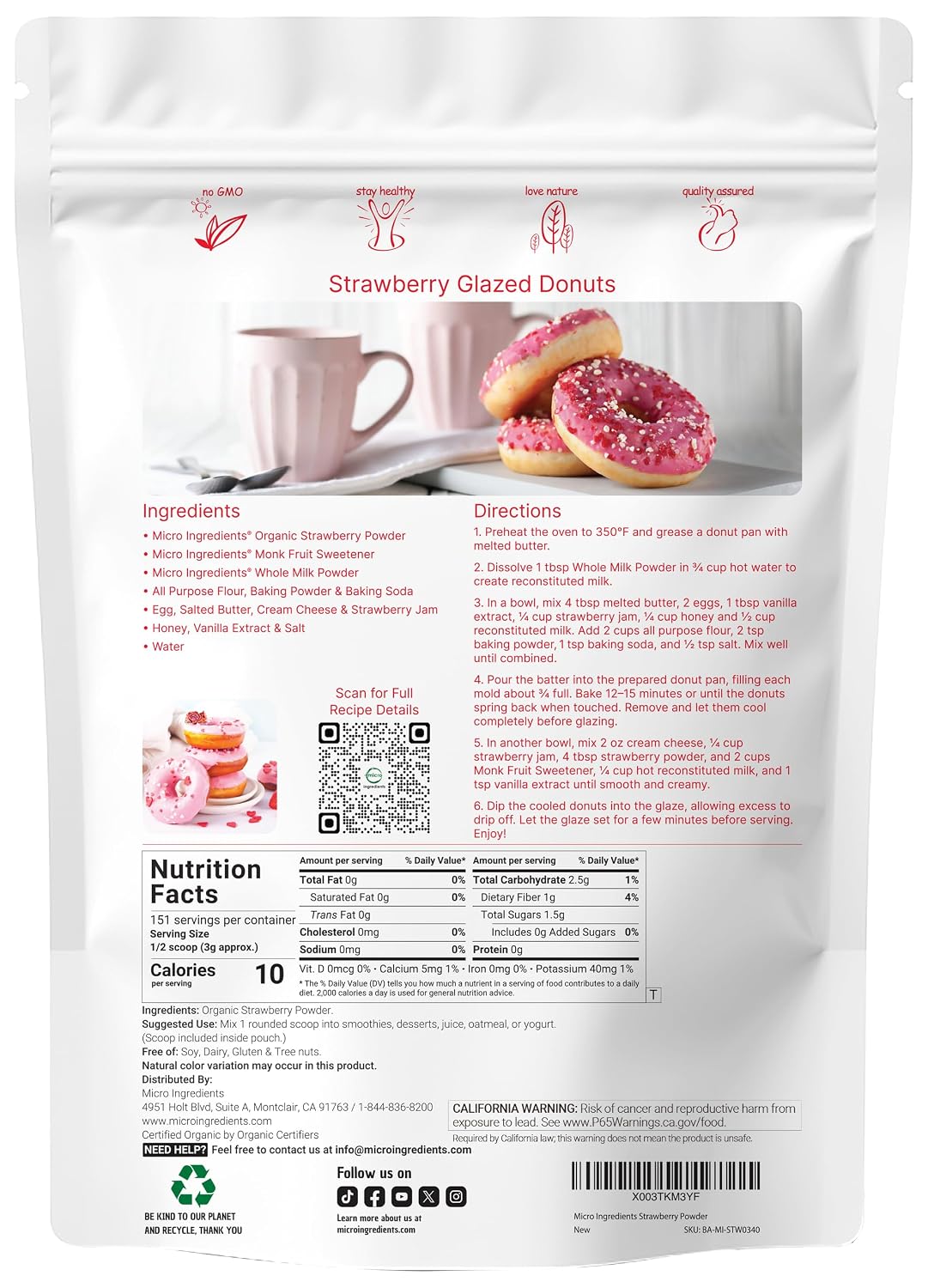 Organic Strawberry Powder, 1 Lb | 100% Natural Fruit Powder | Freeze-Dried Strawberries Source | No Sugar & Additives | Great Flavor for Drinks, Smoothie, & Beverages | Non-GMO & Vegan Friendly - PrimeBioHealth - canada supplements