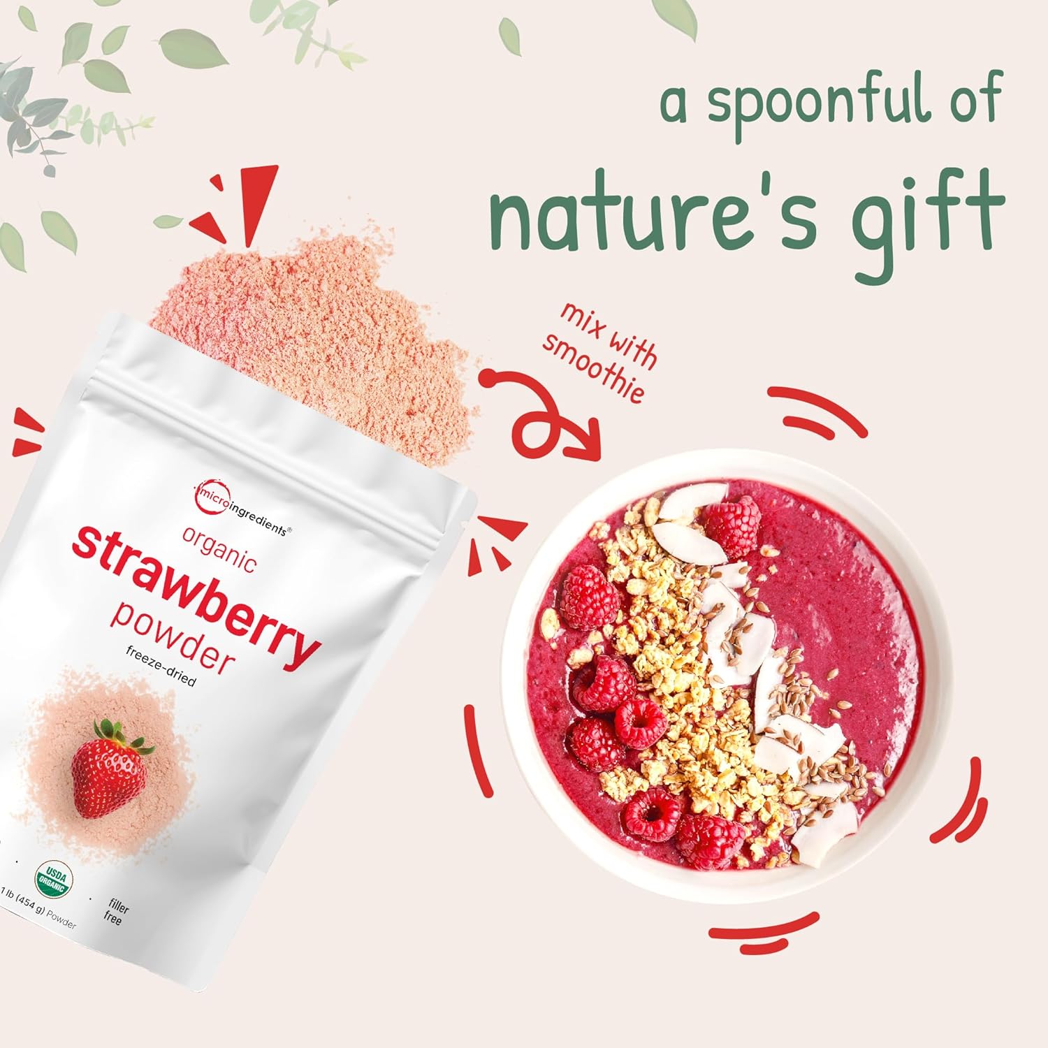 Organic Strawberry Powder, 1 Lb | 100% Natural Fruit Powder | Freeze-Dried Strawberries Source | No Sugar & Additives | Great Flavor for Drinks, Smoothie, & Beverages | Non-GMO & Vegan Friendly - PrimeBioHealth - canada supplements