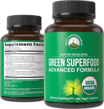 Organic Super Greens 150 Capsules - Green Juice Superfood Supplement with 25 All Natural Organic Ingredients. Max Energy and Detox Super Food Pills with Spirulina, Spinach, Kale, Turmeric, Probiotics - PrimeBioHealth - canada supplements