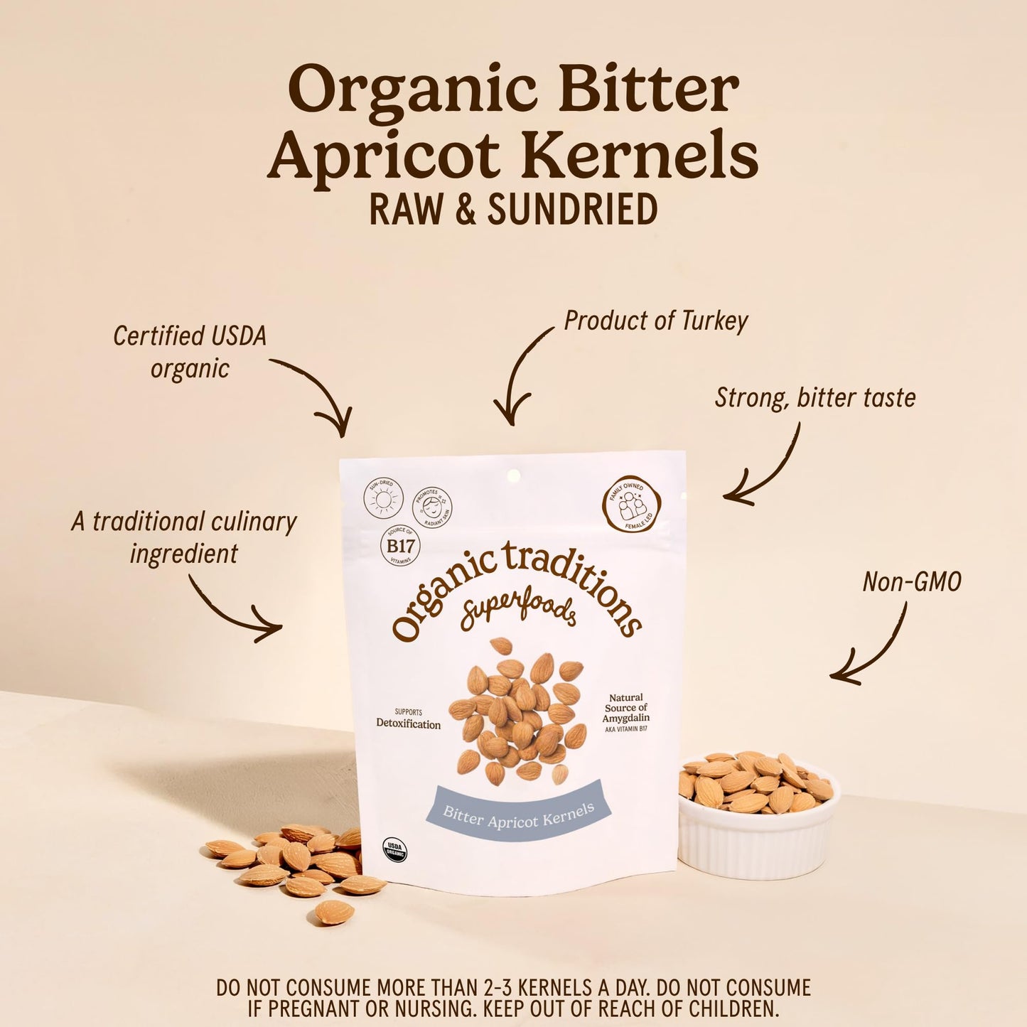 Organic Traditions Apricot Kernels, Organic Apricot Seeds, Sundried Sweet and Bitter Taste, Vegan, Source of Vitamin B17, Non GMO, Whole Foods Delivery, Plant Based for Snacking and Blending, 8 oz - PrimeBioHealth - canada supplements