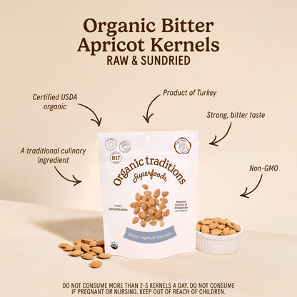 Organic Traditions Apricot Kernels, Organic Apricot Seeds, Sundried Sweet and Bitter Taste, Vegan, Source of Vitamin B17, Non GMO, Whole Foods Delivery, Plant Based for Snacking and Blending, 8 oz - PrimeBioHealth - canada supplements