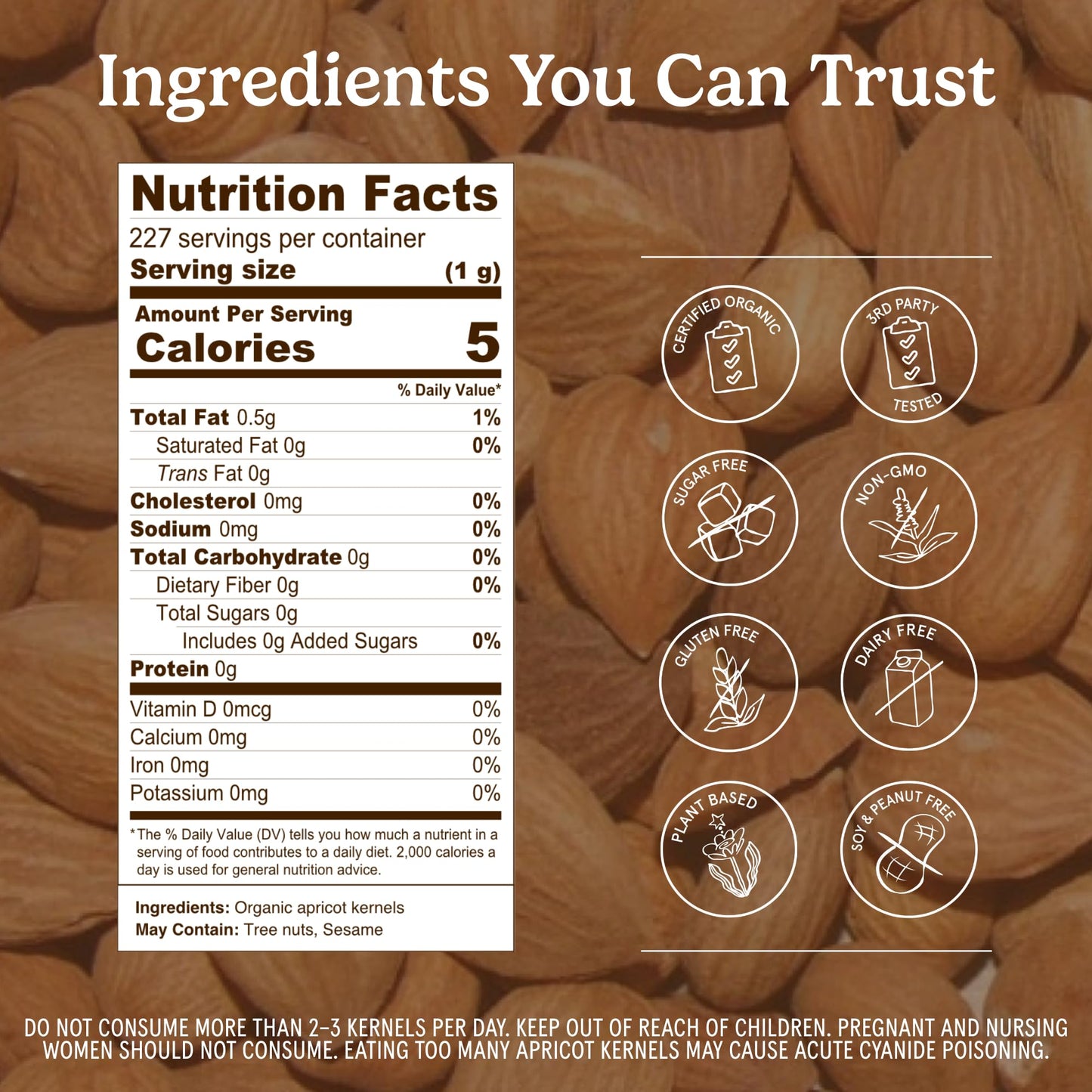 Organic Traditions Apricot Kernels, Organic Apricot Seeds, Sundried Sweet and Bitter Taste, Vegan, Source of Vitamin B17, Non GMO, Whole Foods Delivery, Plant Based for Snacking and Blending, 8 oz - PrimeBioHealth - canada supplements
