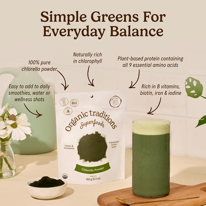 Organic Traditions Chlorella Powder, Broken Cell Wall Algae with Plant Based Protein, Essential Amino Acids, Chlorophyll & Nutrients, Eenergy Drink, Non GMO Superfood for Daily Blends, 150g/5.3oz Bag - PrimeBioHealth - canada supplements