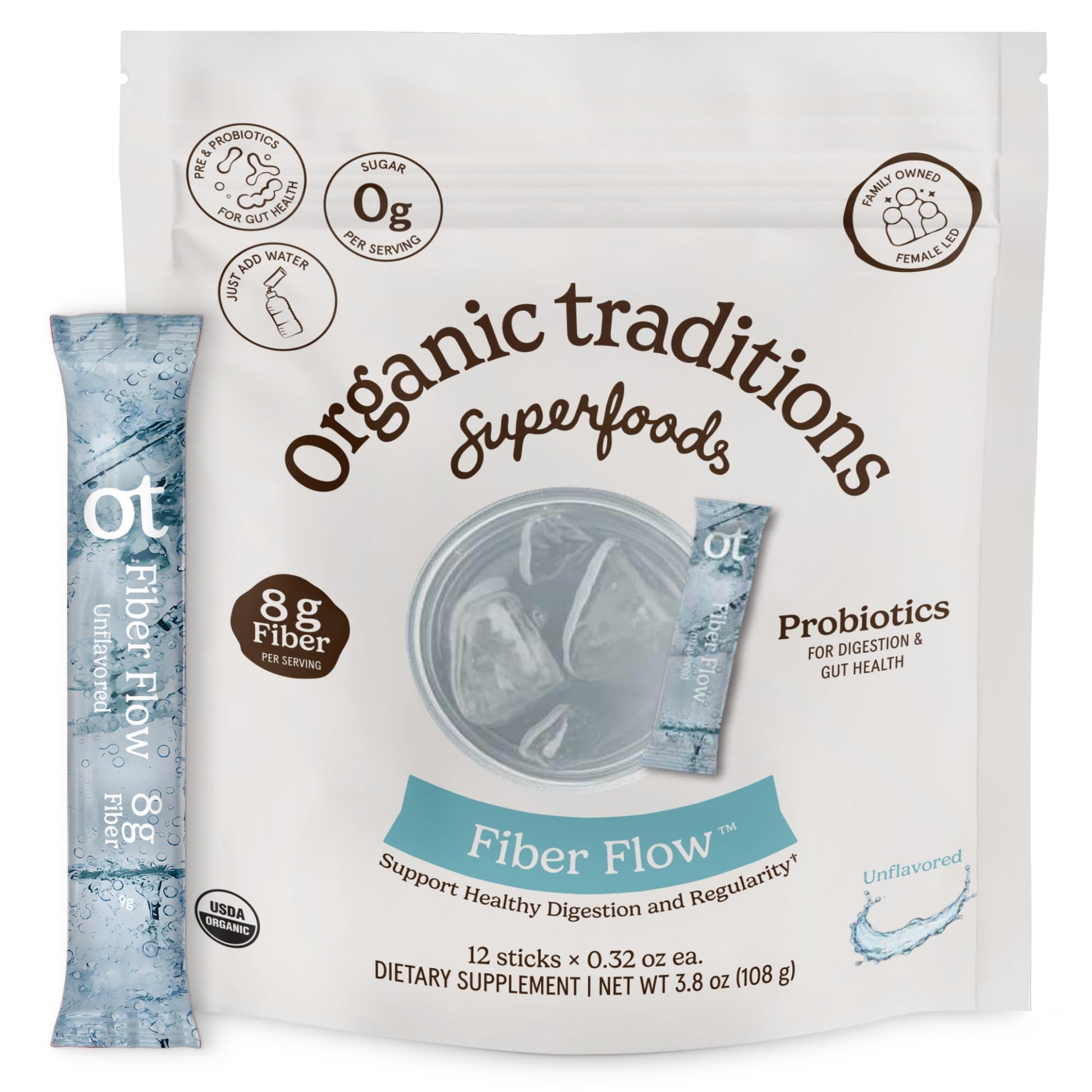 Organic Traditions Fiber Flow Variety Pack, Daily Fiber Supplement Sticks with Acacia, Chicory Root Inulin, One Billion CFU Probiotics, Mixed Flavors Strawberry Yuzu Lime Unflavoured, 12 Count - PrimeBioHealth - canada supplements