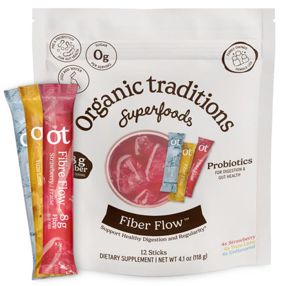Organic Traditions Fiber Flow Variety Pack, Daily Fiber Supplement Sticks with Acacia, Chicory Root Inulin, One Billion CFU Probiotics, Mixed Flavors Strawberry Yuzu Lime Unflavoured, 12 Count - PrimeBioHealth - canada supplements