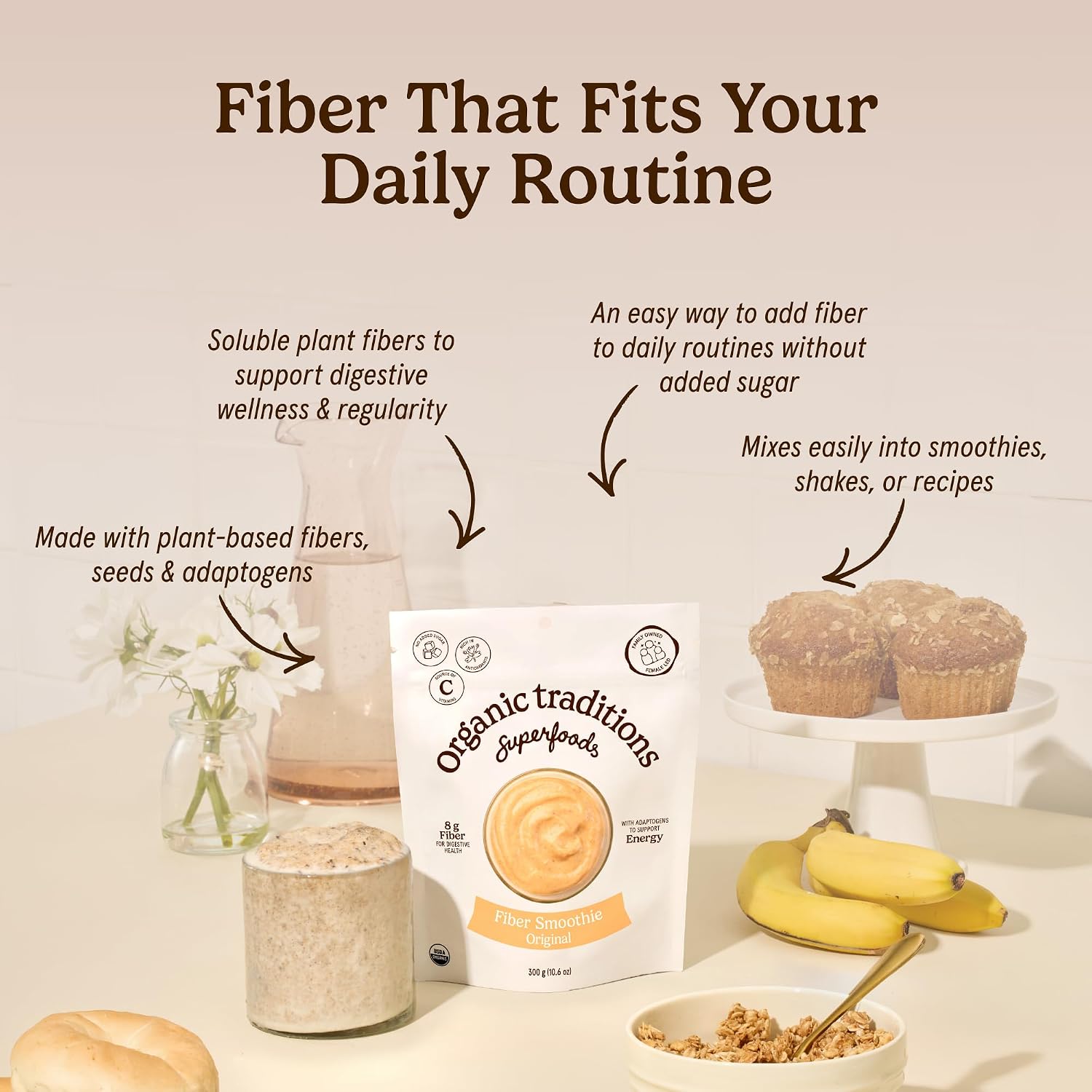 Organic Traditions Fiber Smoothie Original, Prebiotic Supplement with Chia, Flax, Chia, Flax, Psyllium, Acacia, Vitamin C and Superfood Blend, High Fiber Supplement for Digestive Health, 300g / 10.6oz - PrimeBioHealth - canada supplements