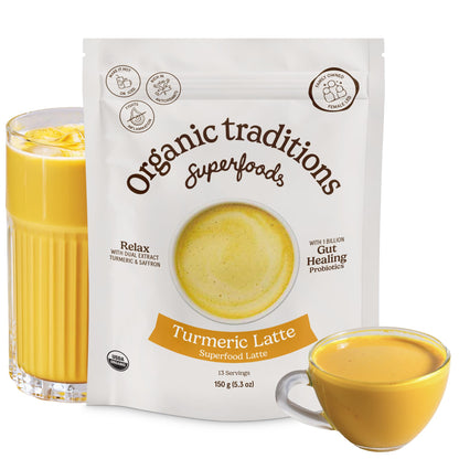 Organic Traditions Lavender Latte Calming Drink Mix, Caffeine Free Latte Blend with Lavender Powder, Tart Cherry, Probiotics, Reishi, and Ashwandha, Evening Beverage for Gentle Wind Down, 150g / 5.3oz - PrimeBioHealth - canada supplements