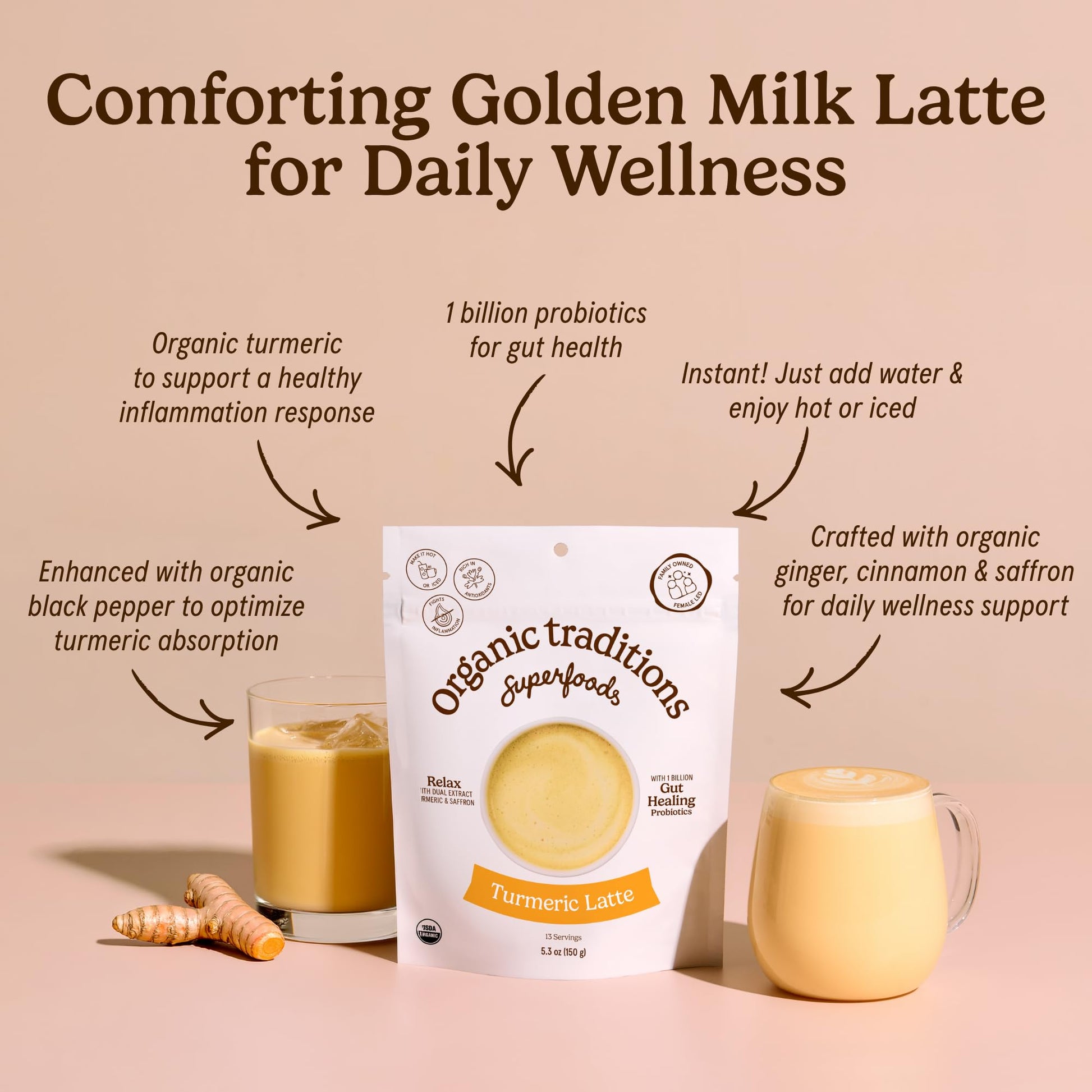 Organic Traditions Lavender Latte Calming Drink Mix, Caffeine Free Latte Blend with Lavender Powder, Tart Cherry, Probiotics, Reishi, and Ashwandha, Evening Beverage for Gentle Wind Down, 150g / 5.3oz - PrimeBioHealth - canada supplements