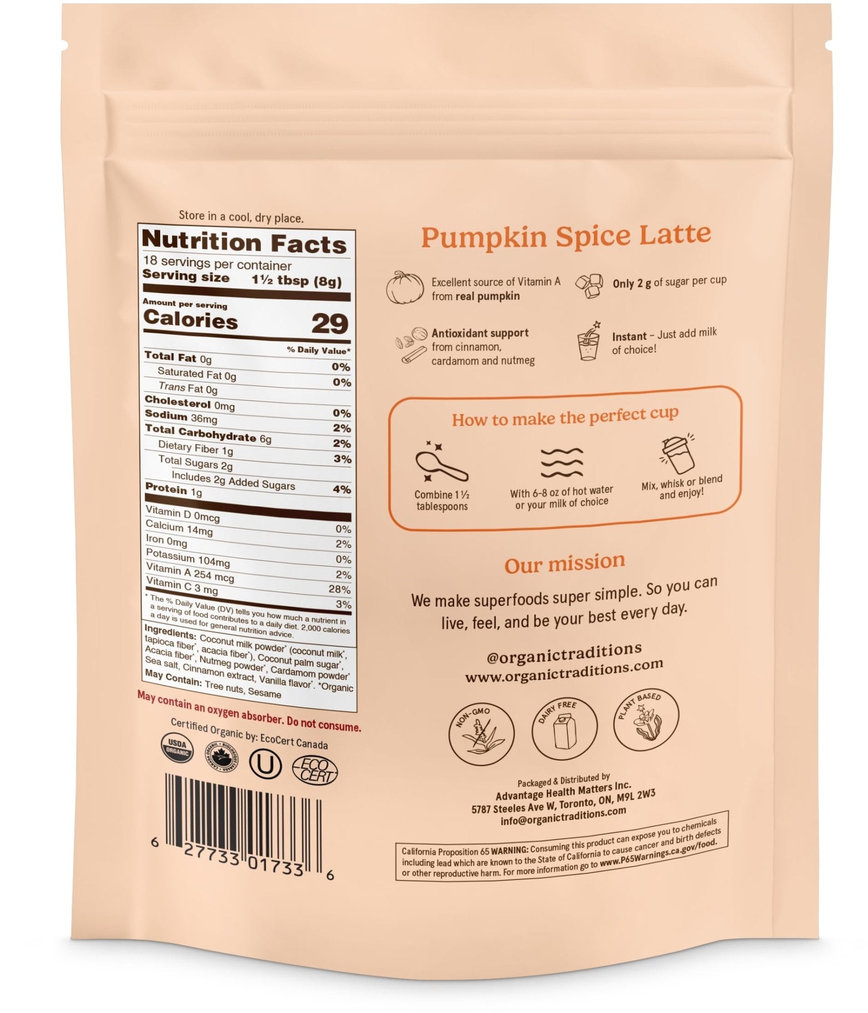 Organic Traditions Lavender Latte Calming Drink Mix, Caffeine Free Latte Blend with Lavender Powder, Tart Cherry, Probiotics, Reishi, and Ashwandha, Evening Beverage for Gentle Wind Down, 150g / 5.3oz - PrimeBioHealth - canada supplements