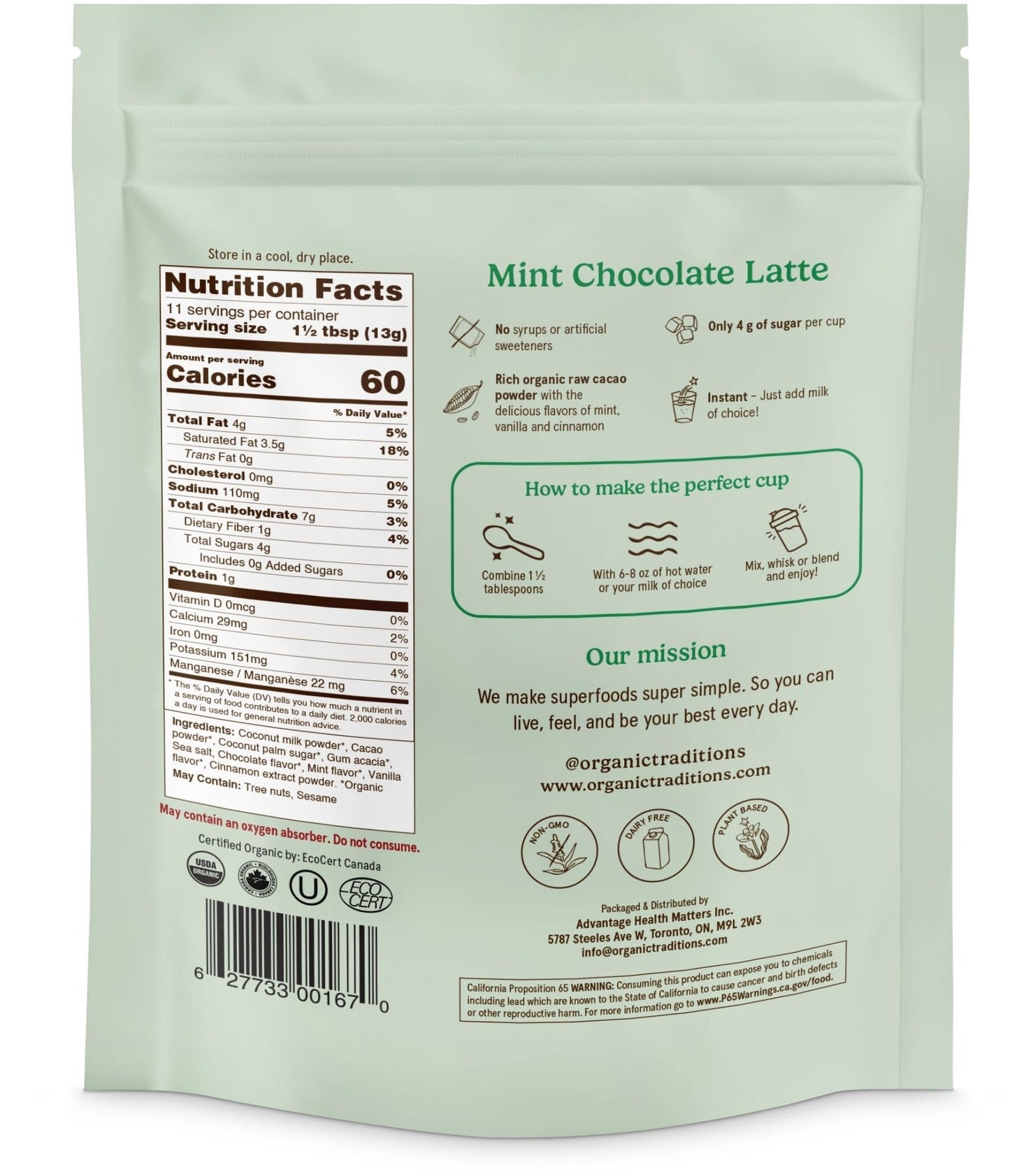 Organic Traditions Lavender Latte Calming Drink Mix, Caffeine Free Latte Blend with Lavender Powder, Tart Cherry, Probiotics, Reishi, and Ashwandha, Evening Beverage for Gentle Wind Down, 150g / 5.3oz - PrimeBioHealth - canada supplements