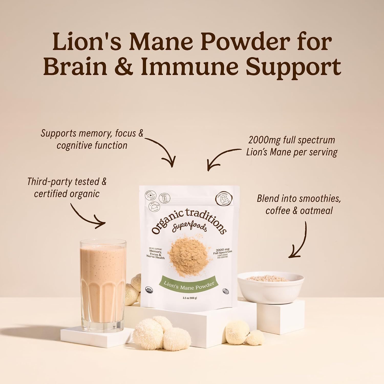 Organic Traditions Lion’s Mane Powder, Organic Full Spectrum Mushroom Powder, 2000 mg Serving for Smoothies, Wellness Drinks, Versatile Superfood Ingredient, Daily Wellness Routines, 228g / 8oz - PrimeBioHealth - canada supplements