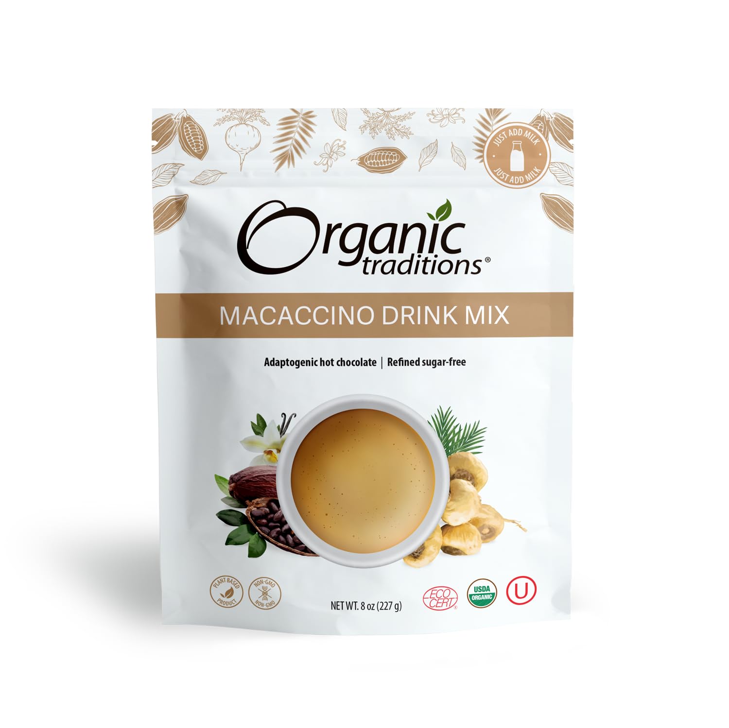 Organic Traditions Macaccino Superfood Blend, Maca Root Powder with Cacao and Coconut Palm Sugar, Coffee Alternative Drink Mix for Hot or Iced Lattes Smoothies Recipes, Plant Based Powder, 227g / 8oz - PrimeBioHealth - canada supplements