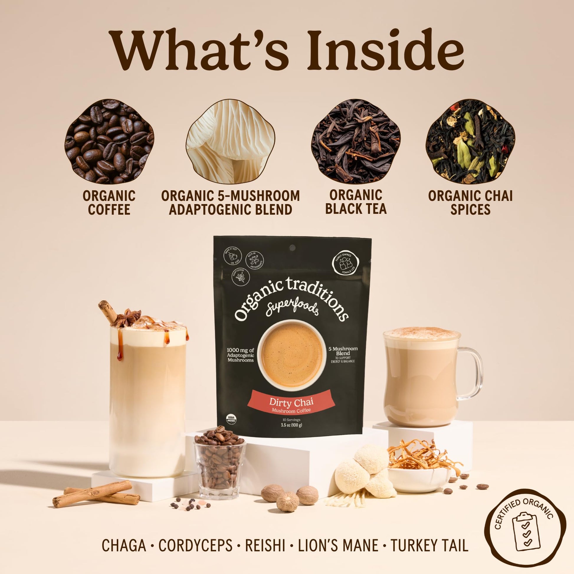 Organic Traditions Mind Fuel Instant Mushroom Coffee Alternative, Caffeine Free Lion’s Mane and Maca Herbal Drink with Dandelion, Chicory, Roasted Grain Blend, Natural Focus Support, 140g / 5oz - PrimeBioHealth - canada supplements
