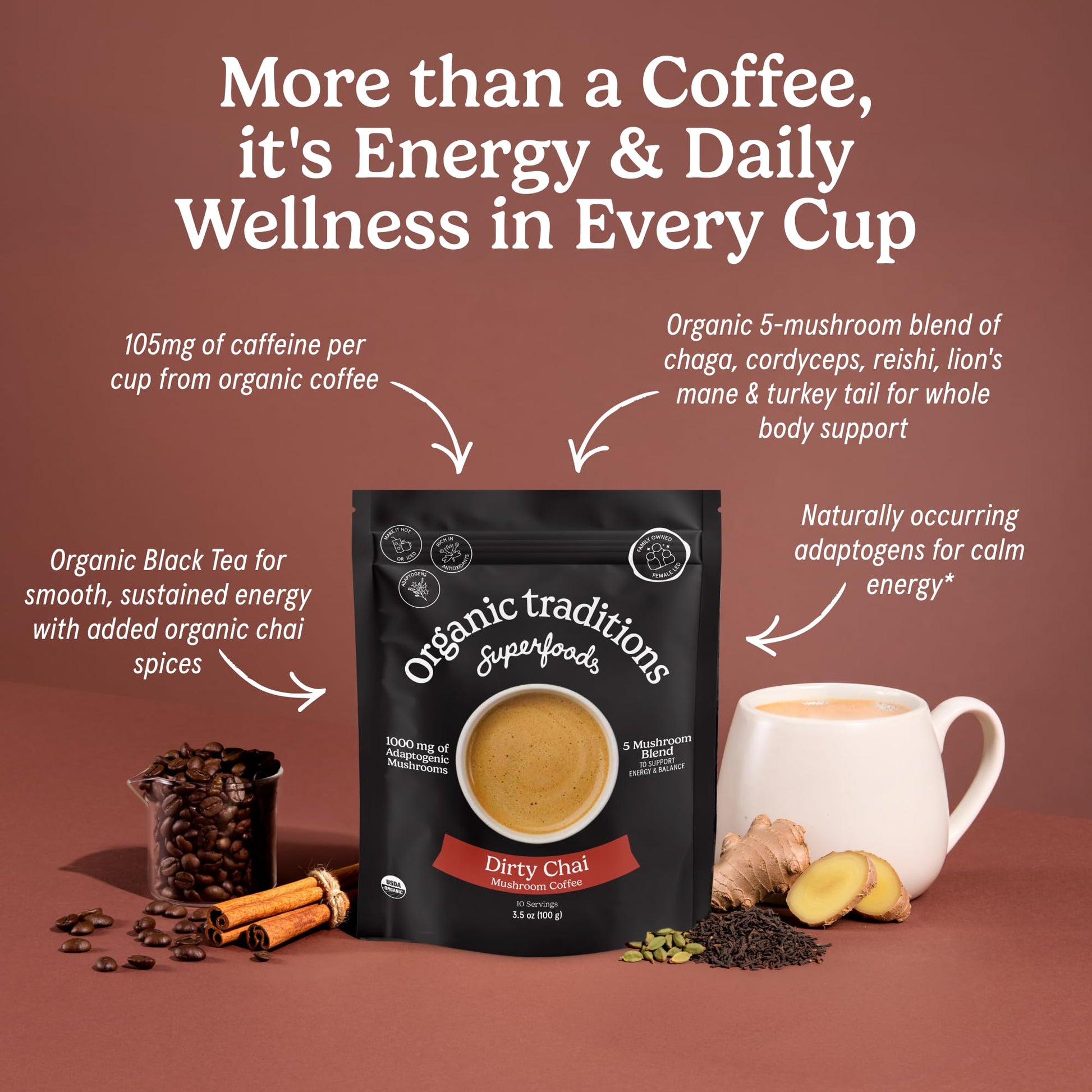 Organic Traditions Mind Fuel Instant Mushroom Coffee Alternative, Caffeine Free Lion’s Mane and Maca Herbal Drink with Dandelion, Chicory, Roasted Grain Blend, Natural Focus Support, 140g / 5oz - PrimeBioHealth - canada supplements