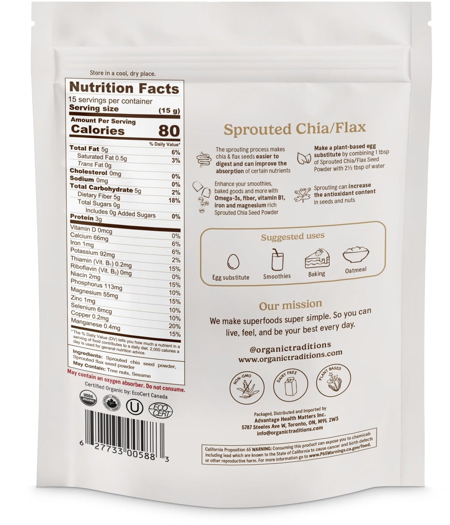 Organic Traditions Sprouted Chia and Flax Seed Powder, Organic Chia Seeds and Flax Blend for Smoothies Baking Oatmeal Egg Substitute, Plant Based Non GMO High Fiber Omega 3 Superfood, 454g / 16 oz Bag - PrimeBioHealth - canada supplements