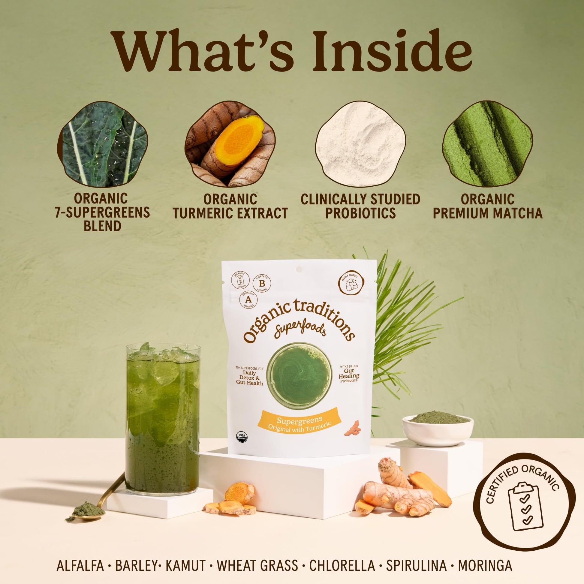 Organic Traditions Super Greens Powder with Turmeric, Organic Greens Superfood Blend with Vitamins Minerals and Probiotics, Plant Based Green Juice Mix for Smoothies and Drinks, 100g / 3.5oz Bag - PrimeBioHealth - canada supplements