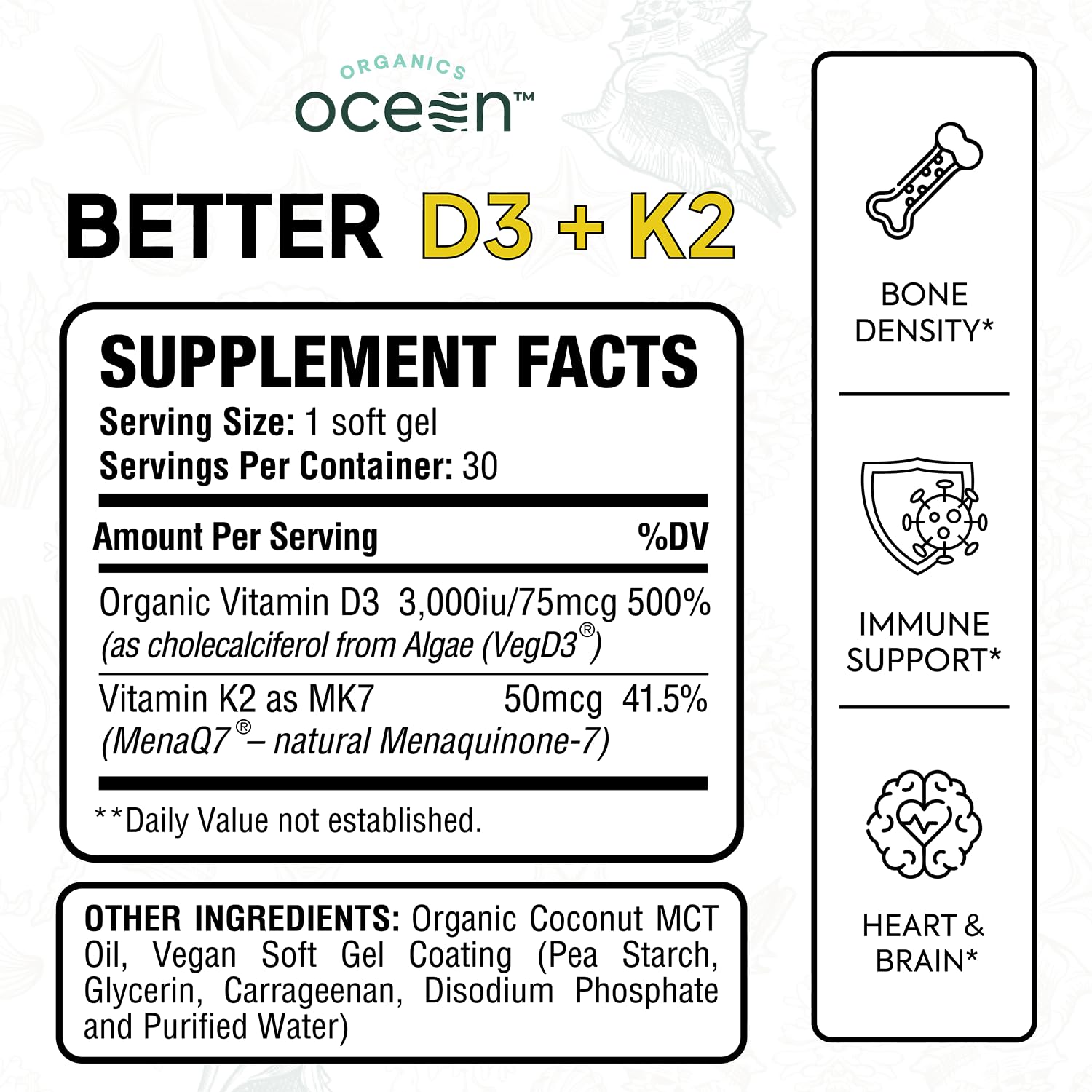 Organics Ocean Better D3 + K2-100% Organic VIT D3 and K2 Supplements with Maximum Bioavailability - Supports Bone Density, Calcium Balance - PrimeBioHealth - canada supplements