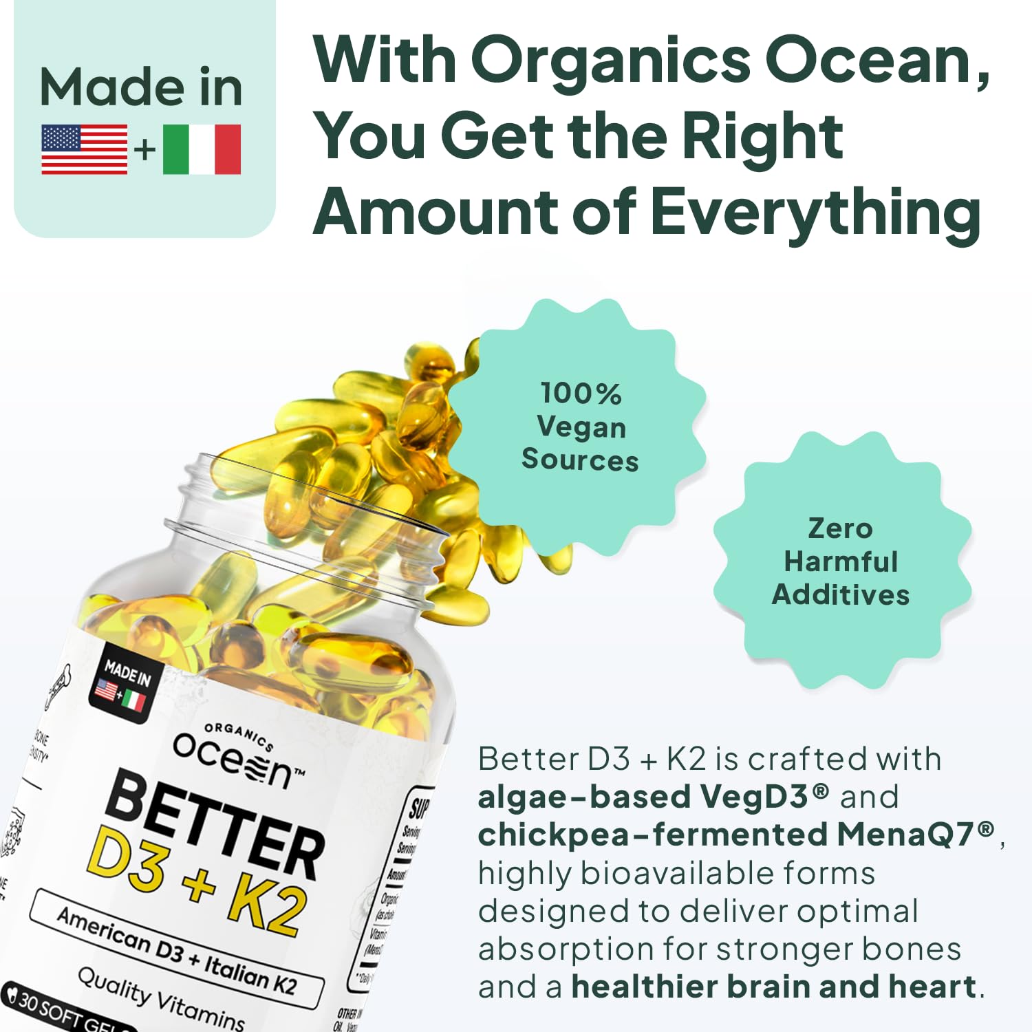 Organics Ocean Better D3 + K2-100% Organic VIT D3 and K2 Supplements with Maximum Bioavailability - Supports Bone Density, Calcium Balance - PrimeBioHealth - canada supplements
